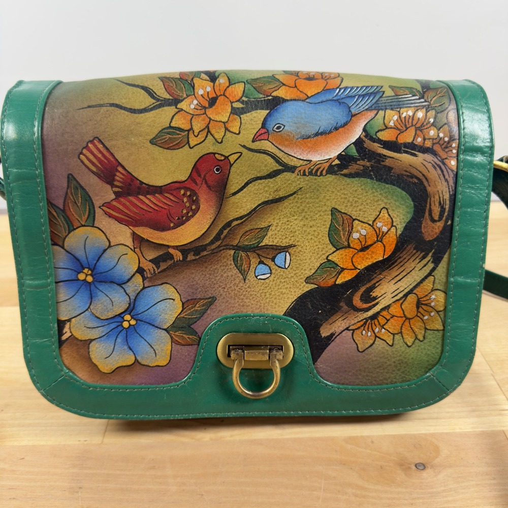 Anuschka Green Hand-Painted Bird Crossbody Bag - Picture 2 of 12